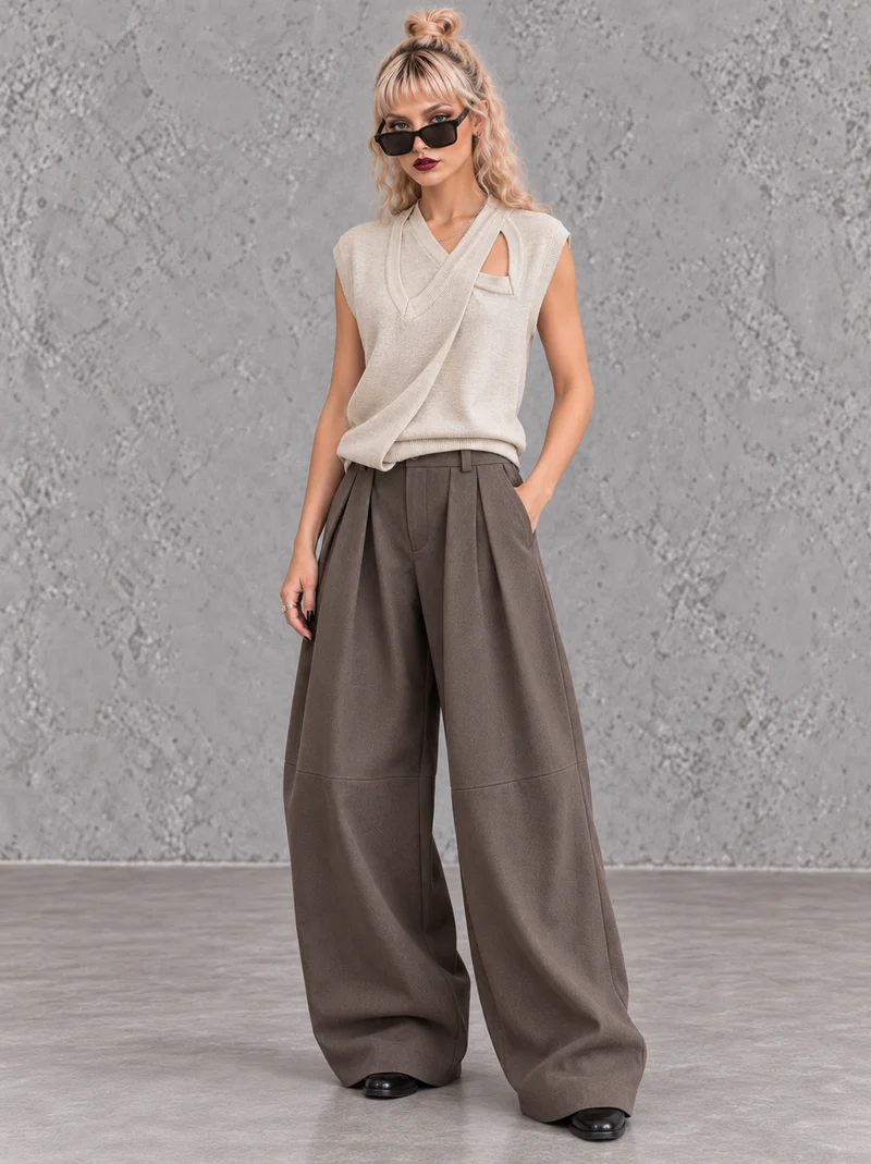 Mocha Structured Extra Wide-Leg Trousers