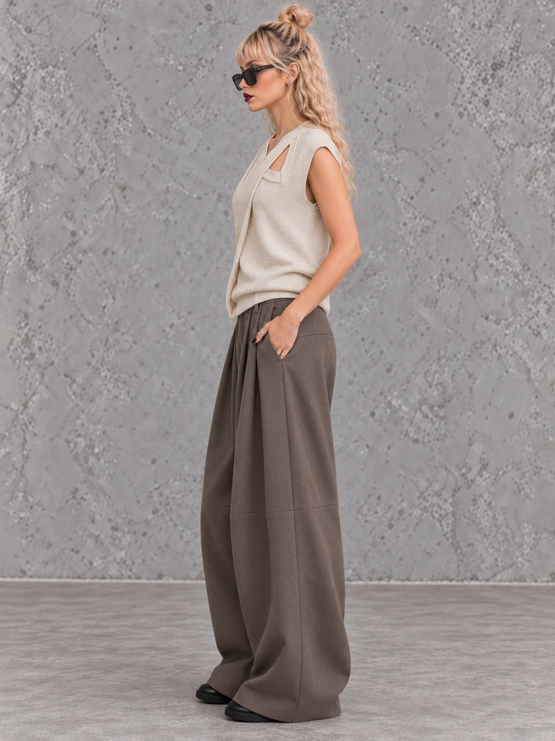 Mocha Structured Extra Wide-Leg Trousers