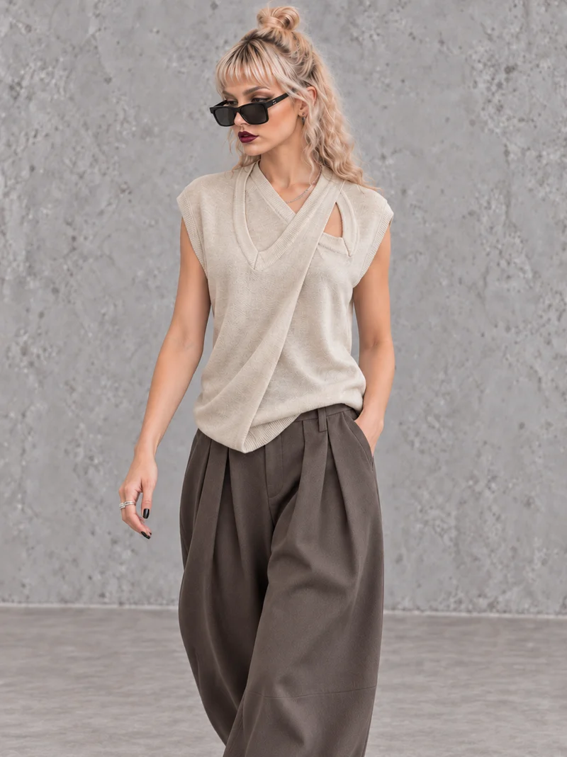 Beige Double V-Neck Asymmetric Knitted Top