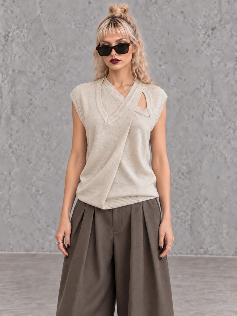 Beige Double V-Neck Asymmetric Knitted Top