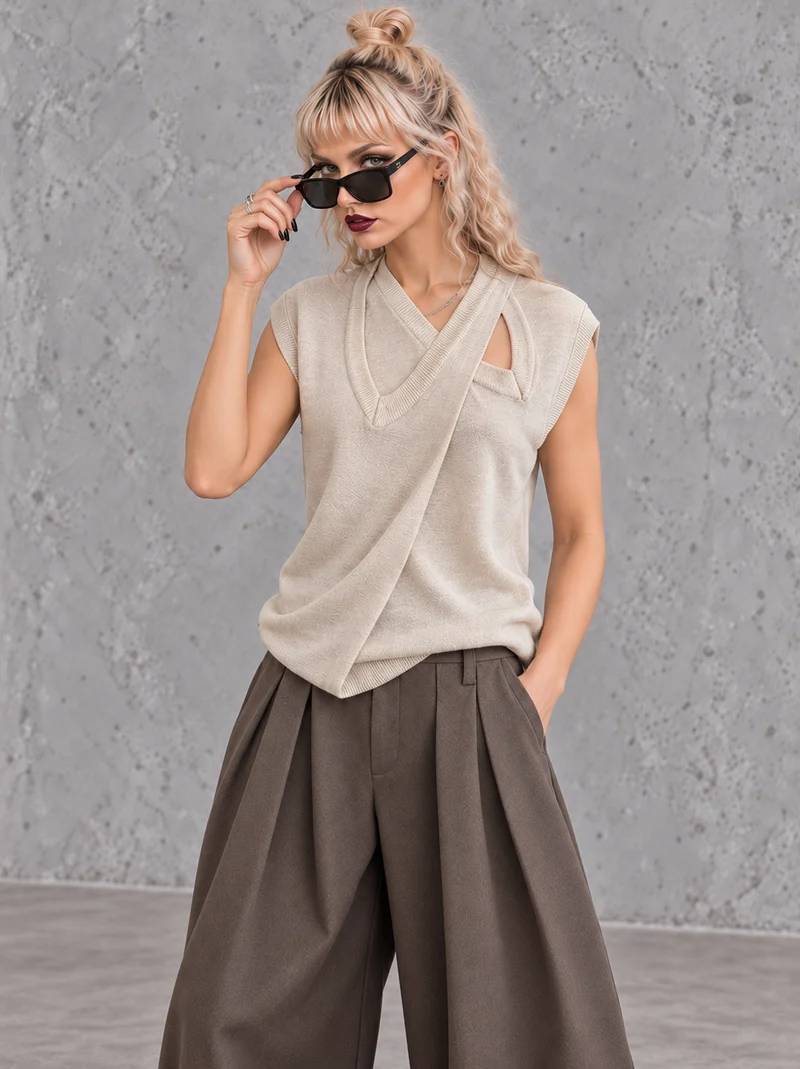 Beige Double V-Neck Asymmetric Knitted Top