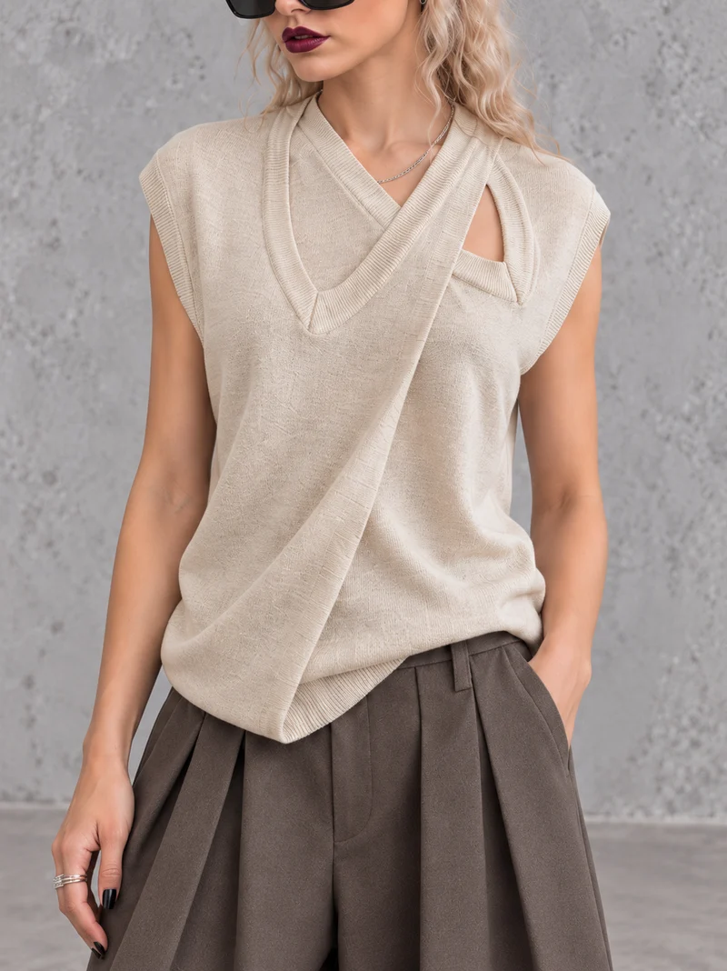 Beige Double V-Neck Asymmetric Knitted Top