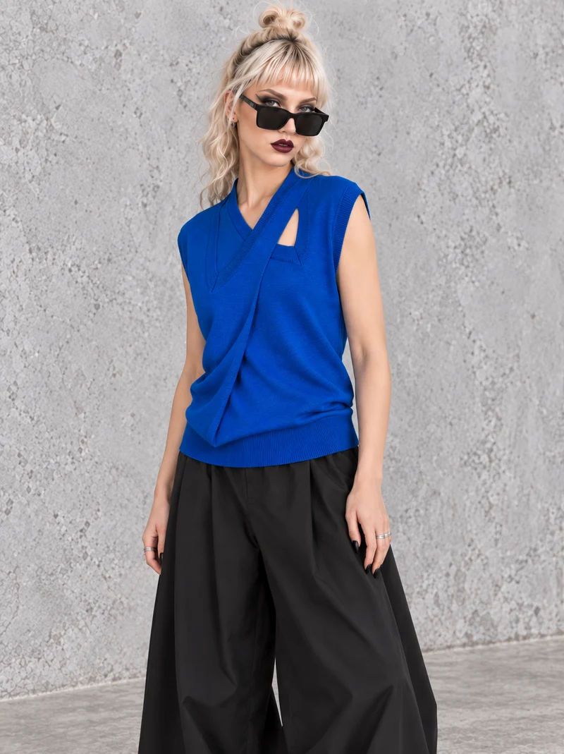 Cobalt Blue Double V-Neck Knitted Top