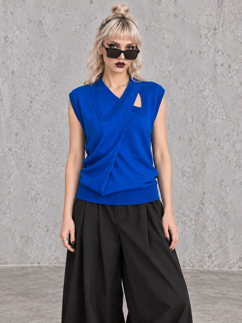 Cobalt Blue Double V-Neck Knitted Top
