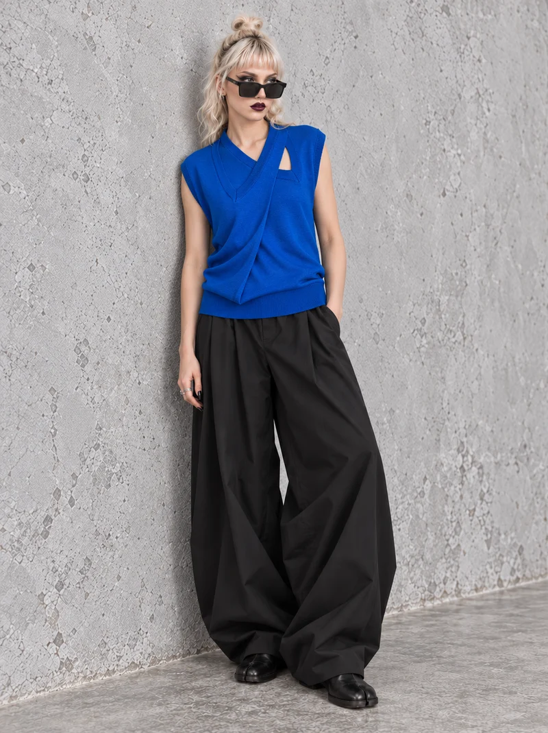 Cobalt Blue Double V-Neck Knitted Top