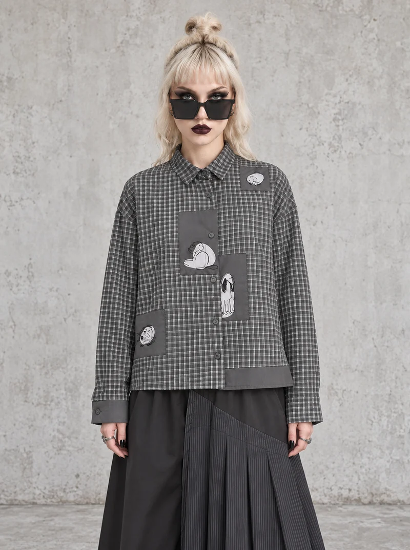 Grey Check Patchwork Shirt | Alternative Graphic Blouse