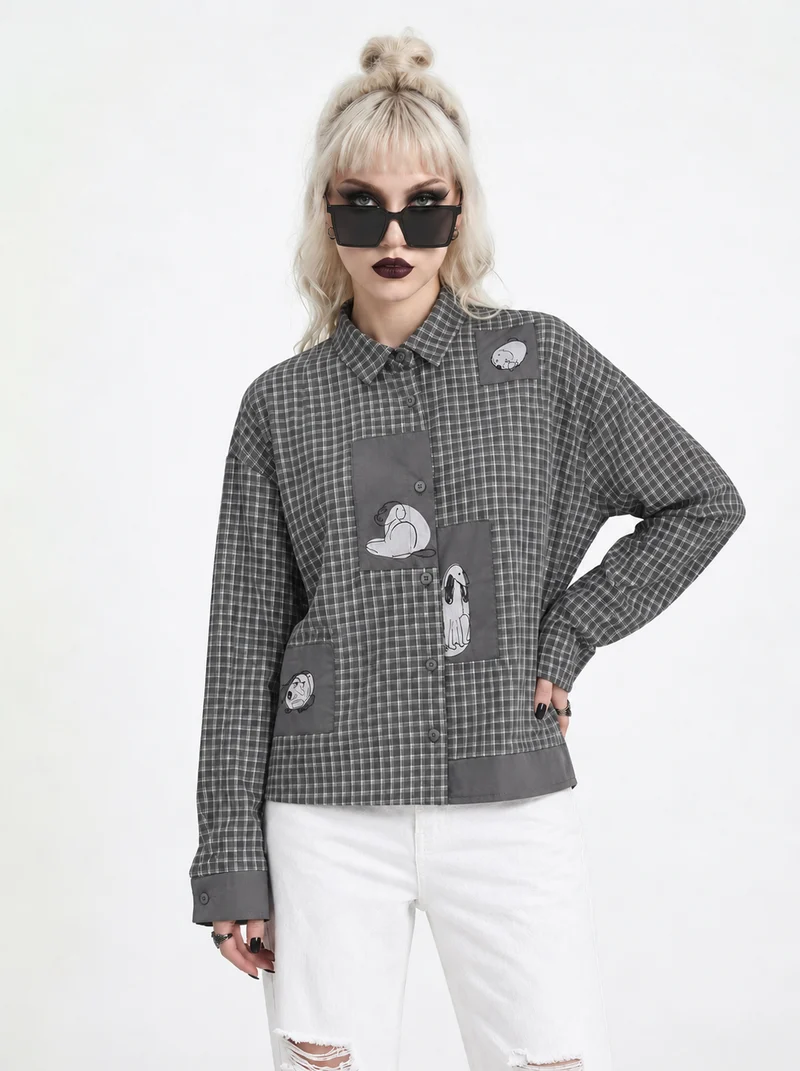 Grey Check Patchwork Shirt | Alternative Graphic Blouse
