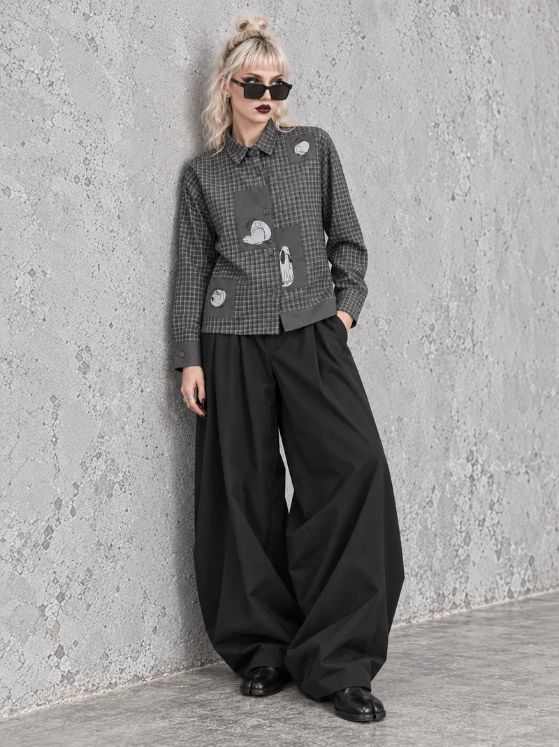 Grey Check Patchwork Shirt | Alternative Graphic Blouse