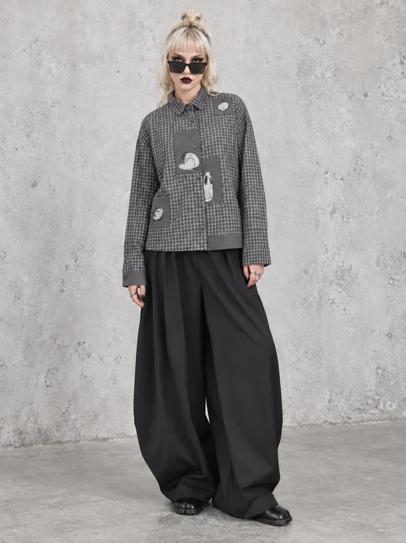 Grey Check Patchwork Shirt | Alternative Graphic Blouse