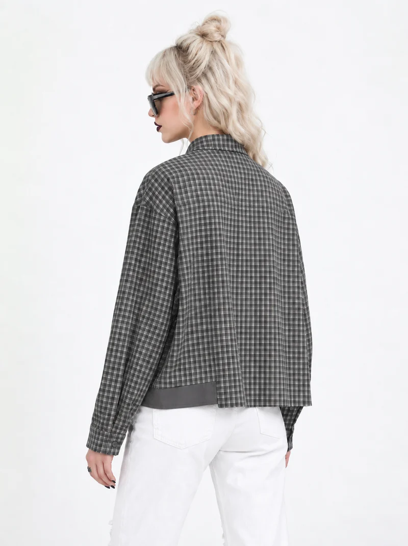 Grey Check Patchwork Shirt | Alternative Graphic Blouse