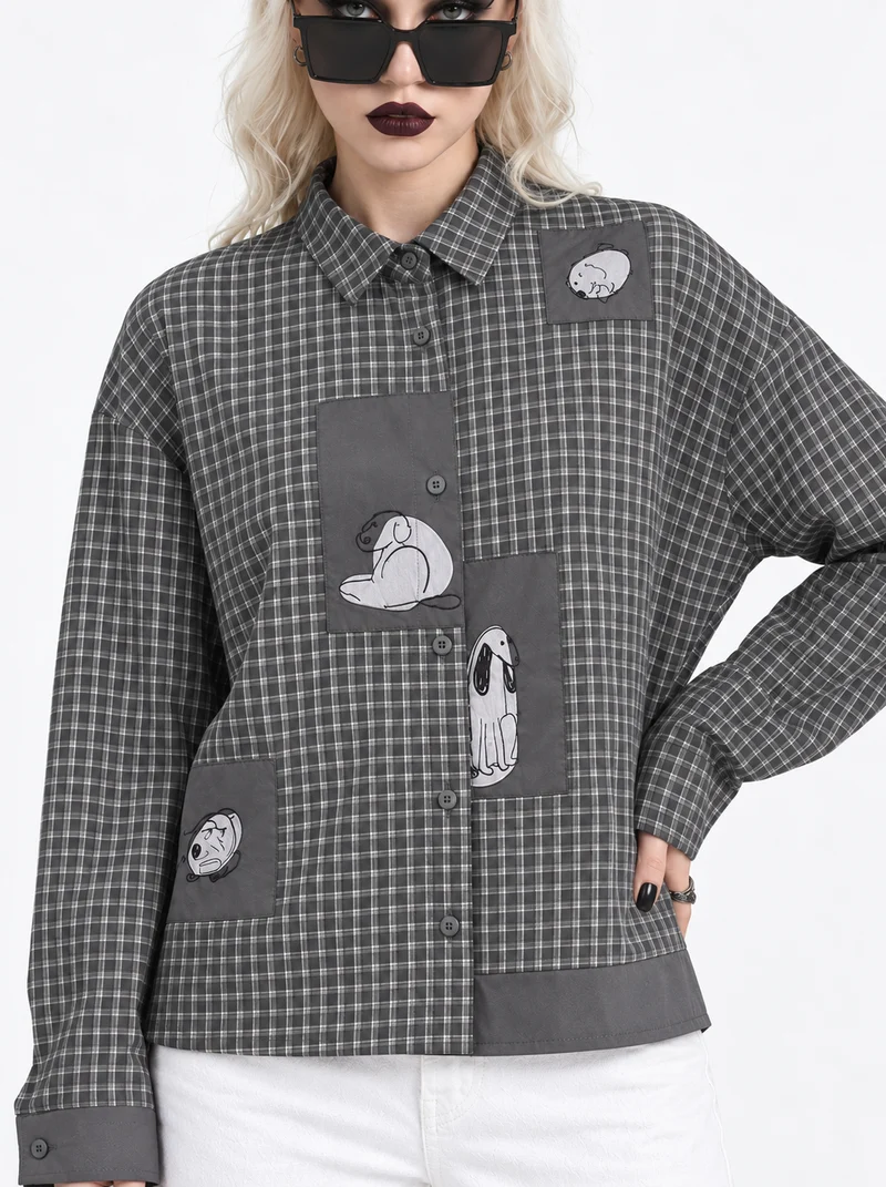 Grey Check Patchwork Shirt | Alternative Graphic Blouse