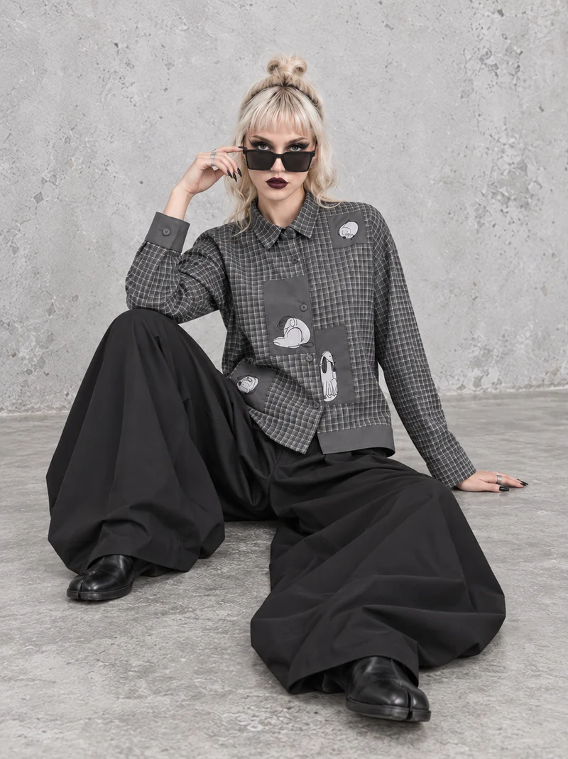 Grey Check Patchwork Shirt | Alternative Graphic Blouse