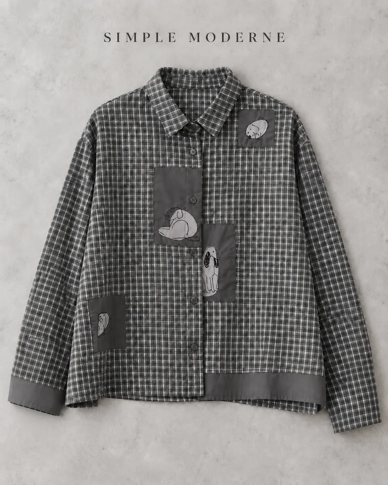 Grey Check Patchwork Shirt | Alternative Graphic Blouse