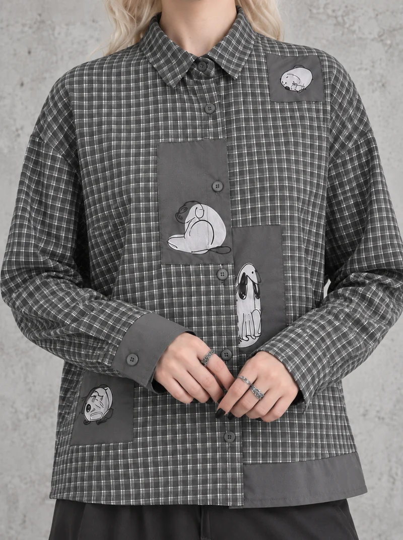 Grey Check Patchwork Shirt | Alternative Graphic Blouse