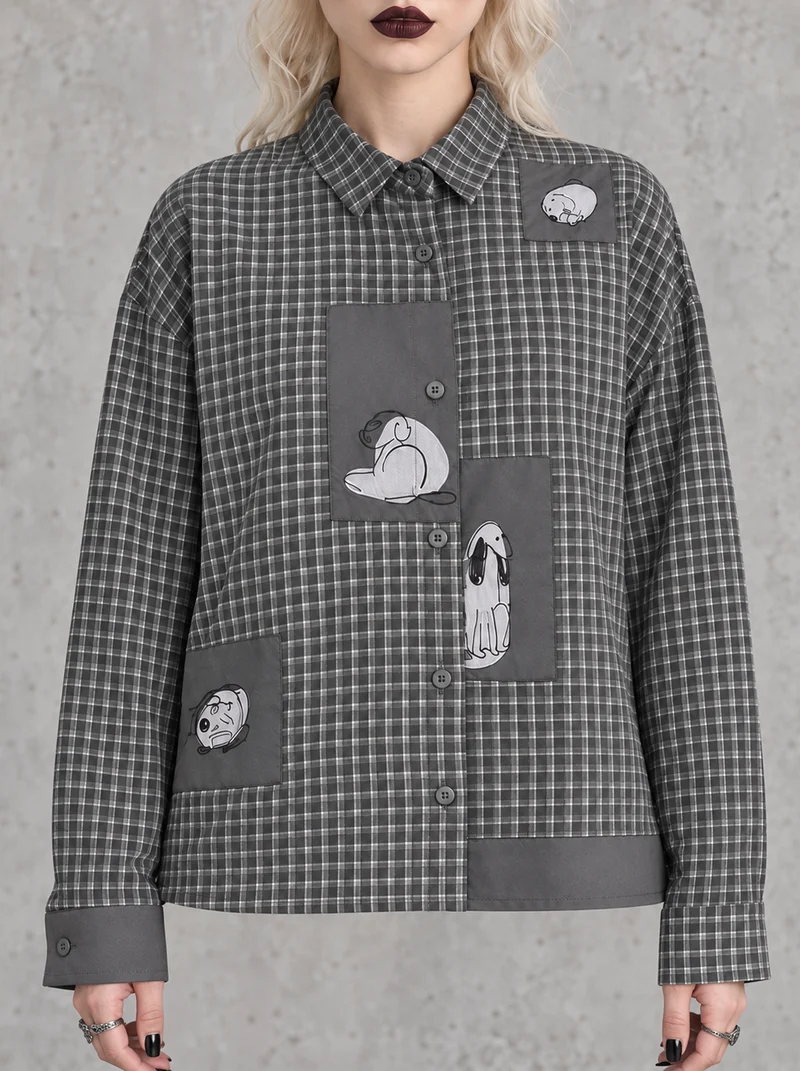 Grey Check Patchwork Shirt | Alternative Graphic Blouse