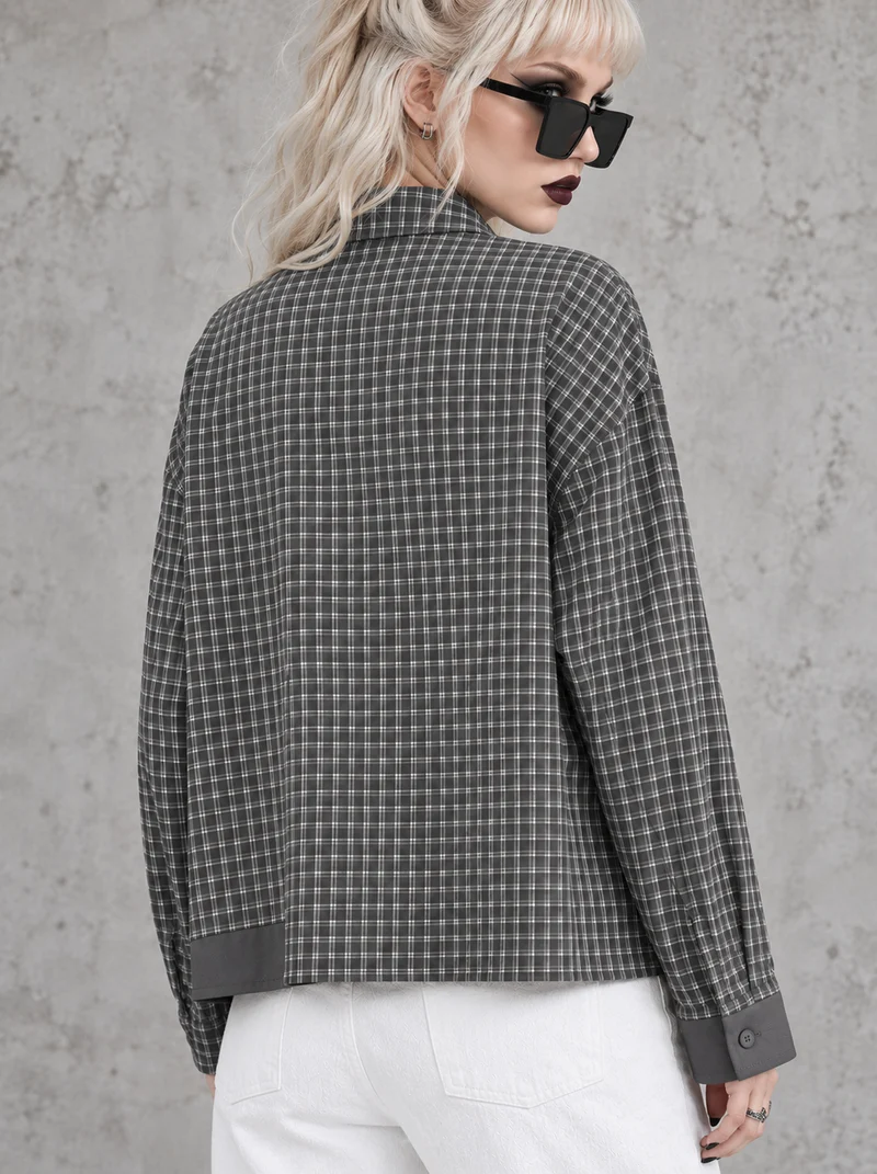 Grey Check Patchwork Shirt | Alternative Graphic Blouse