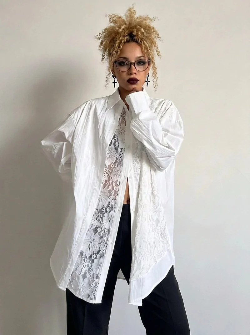 White Asymmetric Lace Oversized Shirt