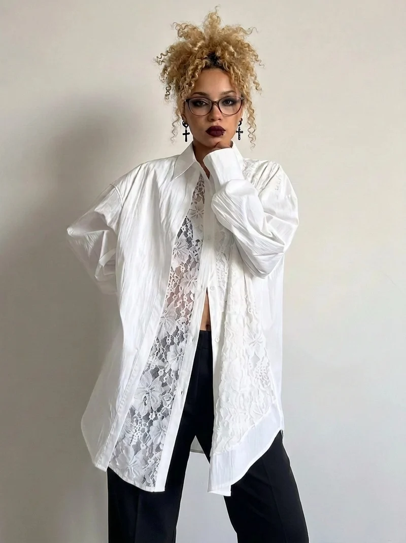 White Asymmetric Lace Oversized Shirt