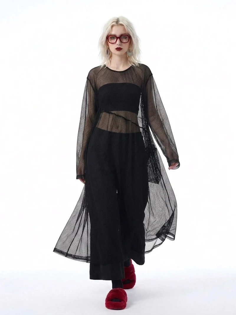 Black Sheer Mesh Overlay | Oversized Layering Dress