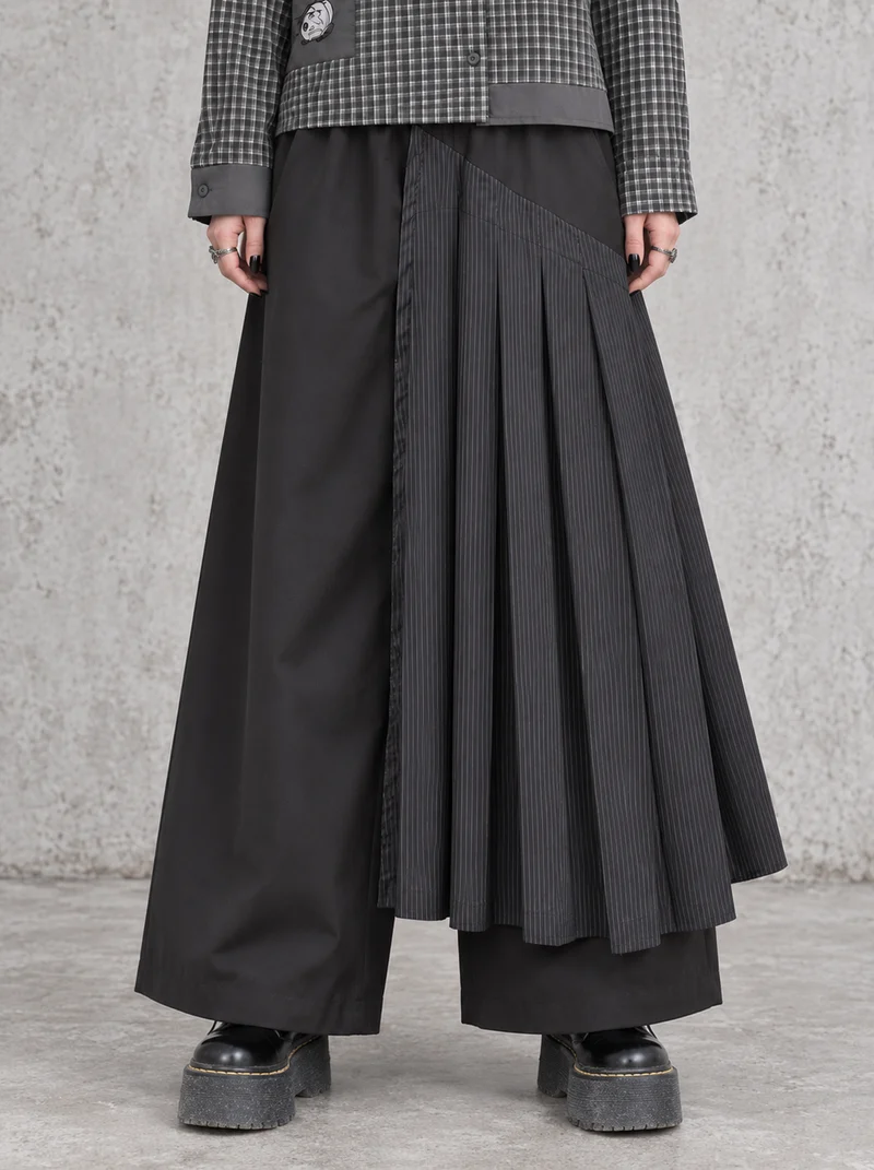 Black Pleated Overlay Trousers | Alternative Wide-Leg Pants