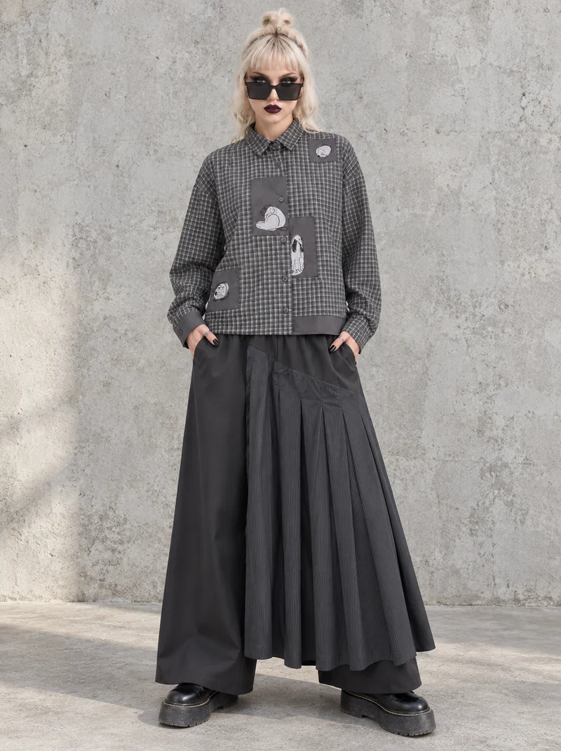Black Pleated Overlay Trousers | Alternative Wide-Leg Pants