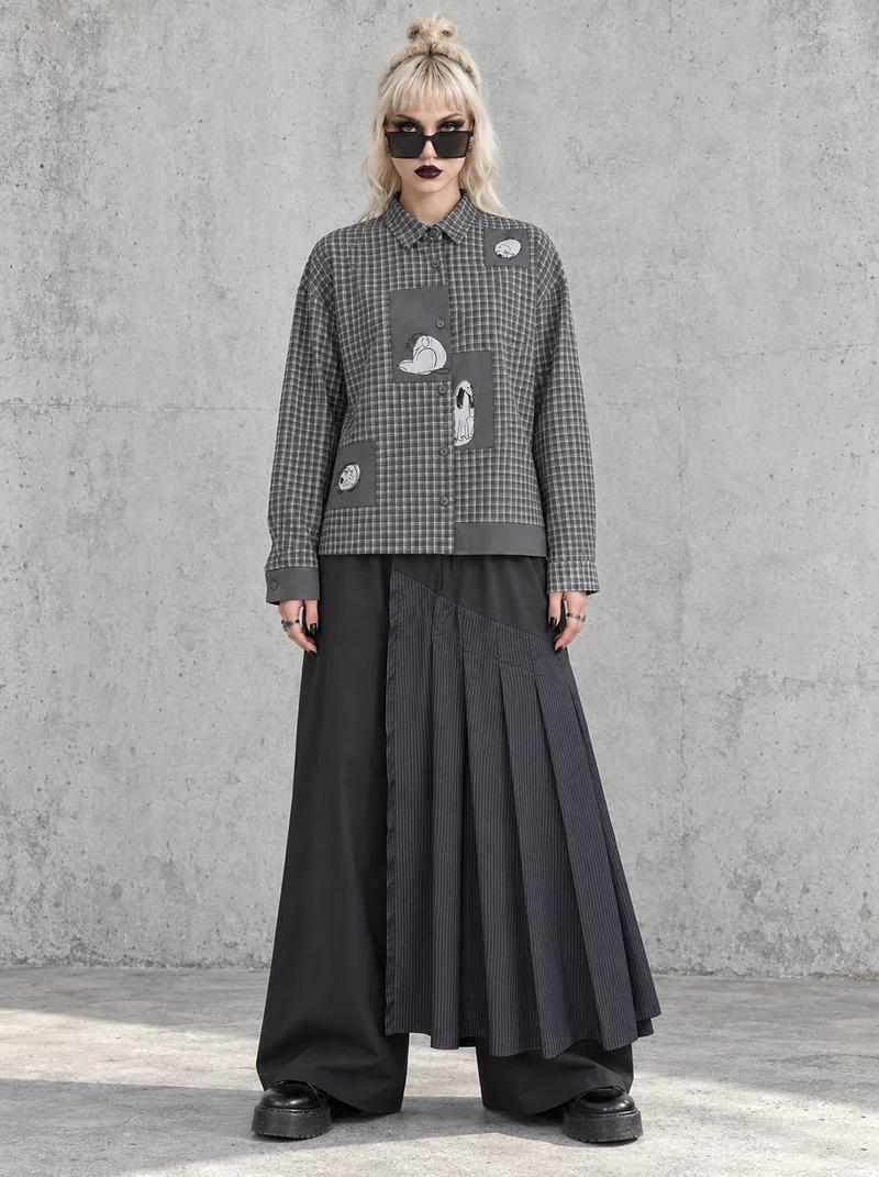 Black Pleated Overlay Trousers | Alternative Wide-Leg Pants