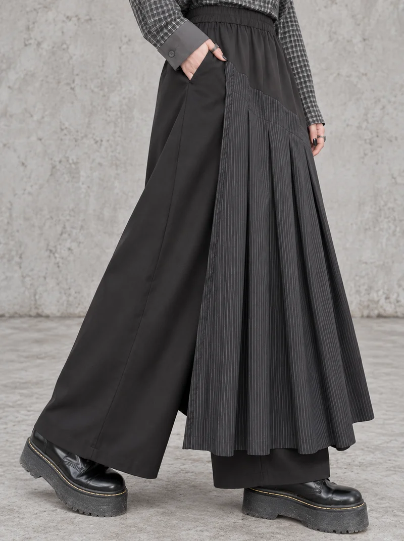 Black Pleated Overlay Trousers | Alternative Wide-Leg Pants