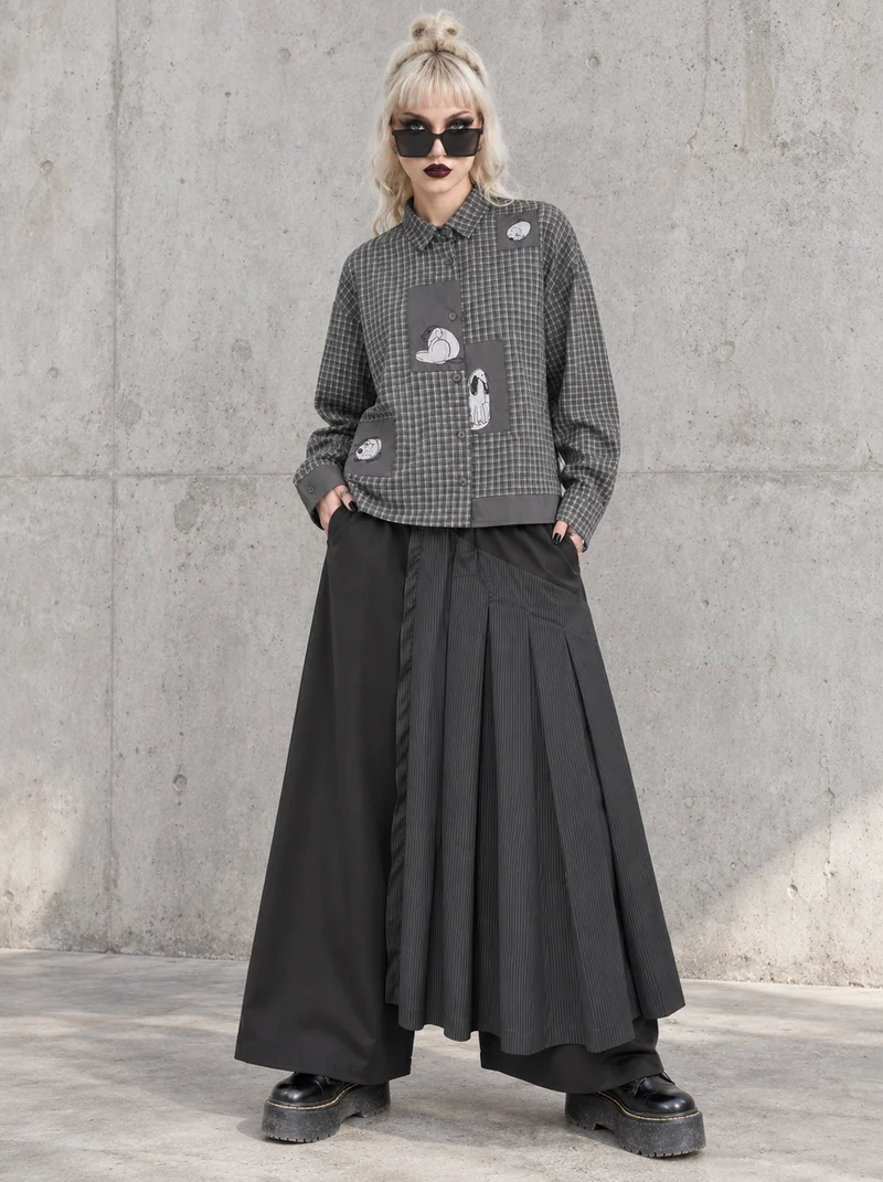 Black Pleated Overlay Trousers | Alternative Wide-Leg Pants