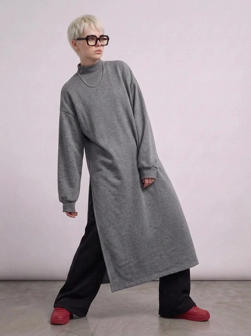 Grey Oversized Longline Pullover | One-Side Split Sweatshirt