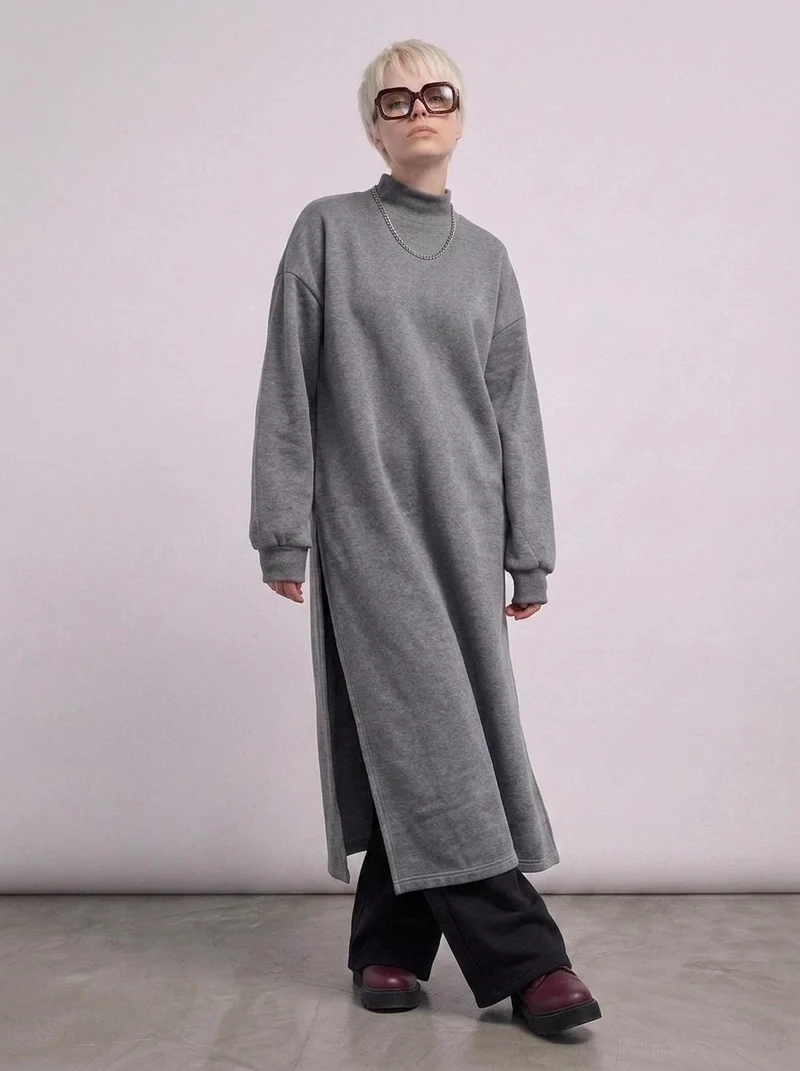 Grey Oversized Longline Pullover | One-Side Split Sweatshirt