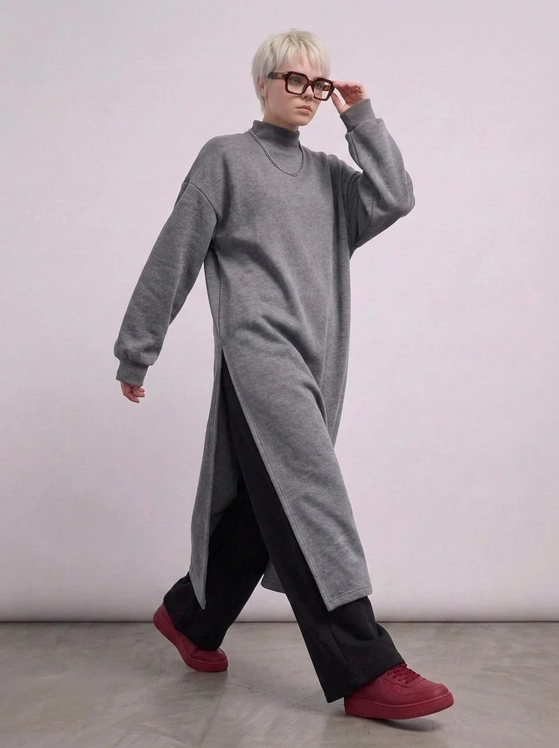 Grey Oversized Longline Pullover | One-Side Split Sweatshirt
