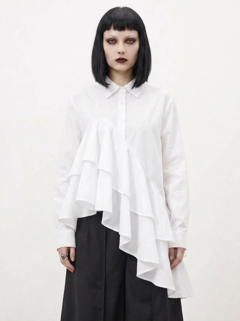 White Asymmetric Ruffle Shirt | Avant-Garde Oversized Blouse