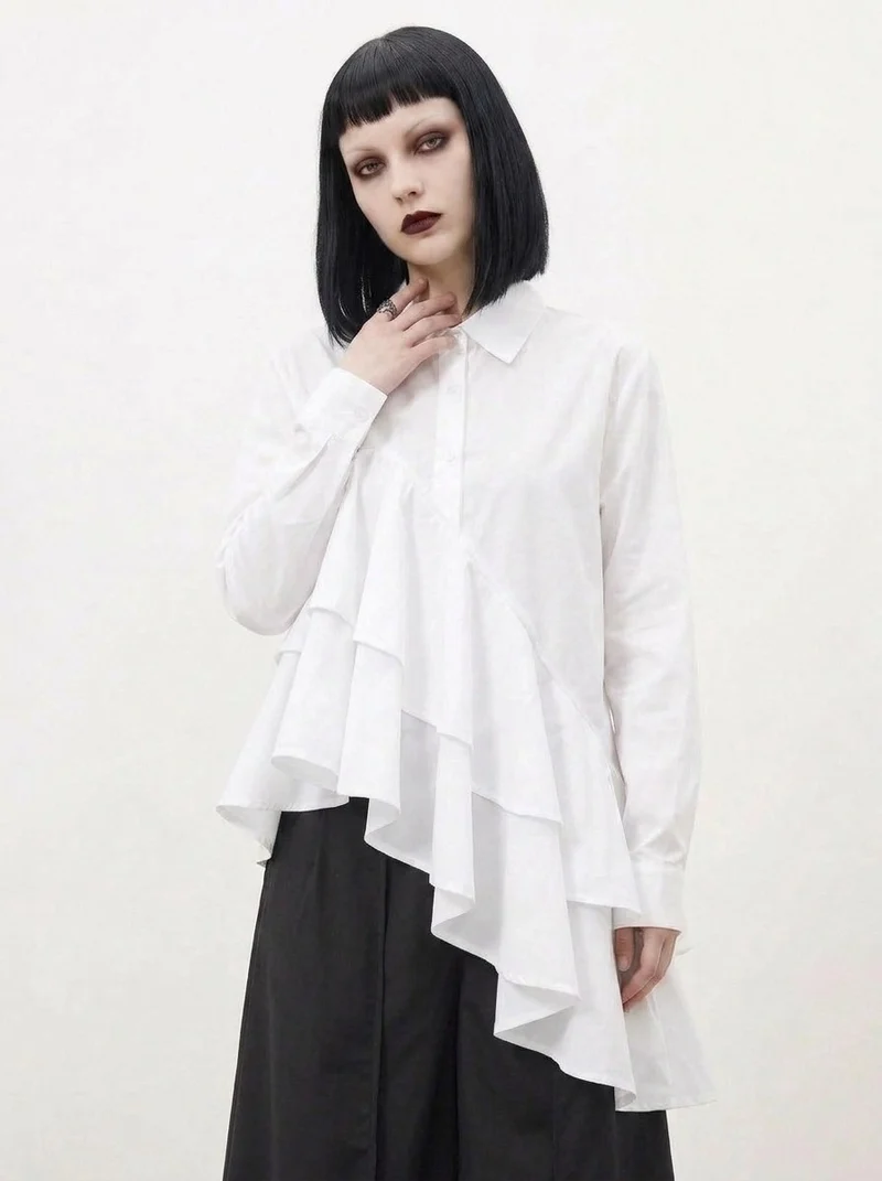 White Asymmetric Ruffle Shirt | Avant-Garde Oversized Blouse