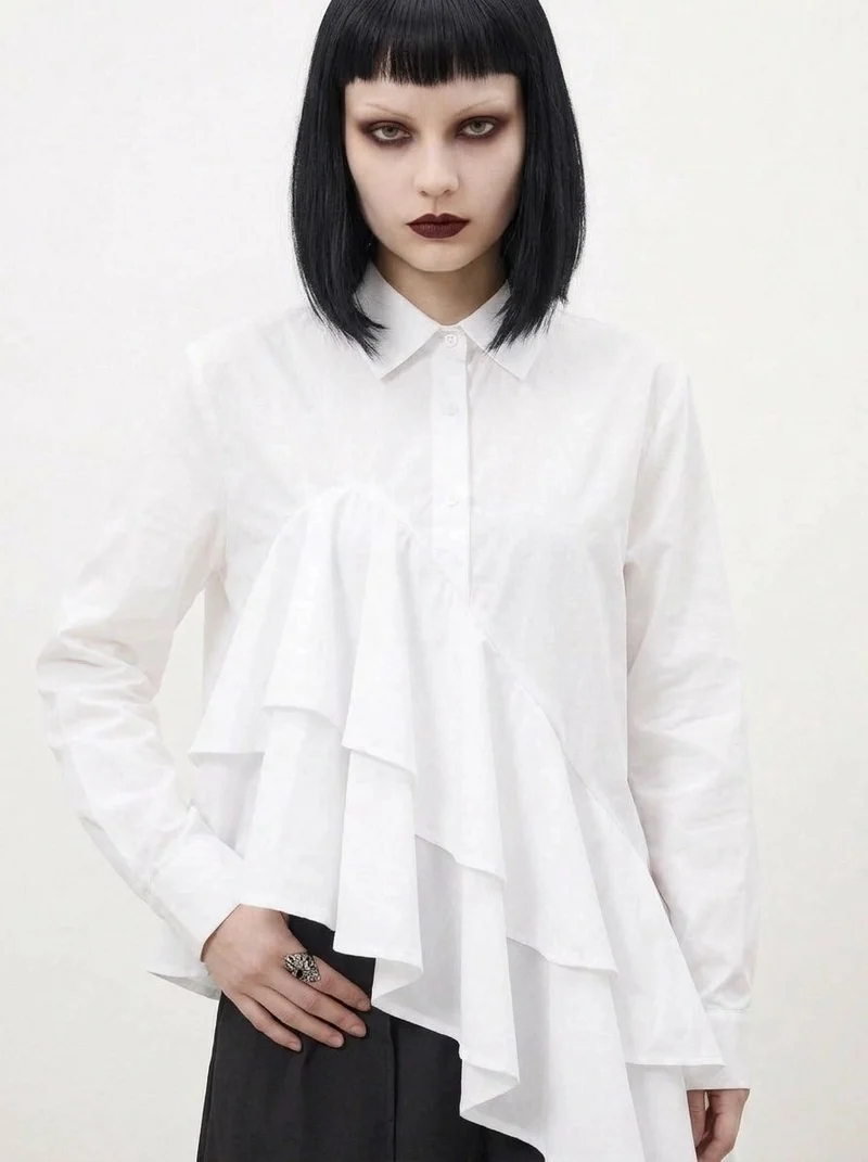 White Asymmetric Ruffle Shirt | Avant-Garde Oversized Blouse