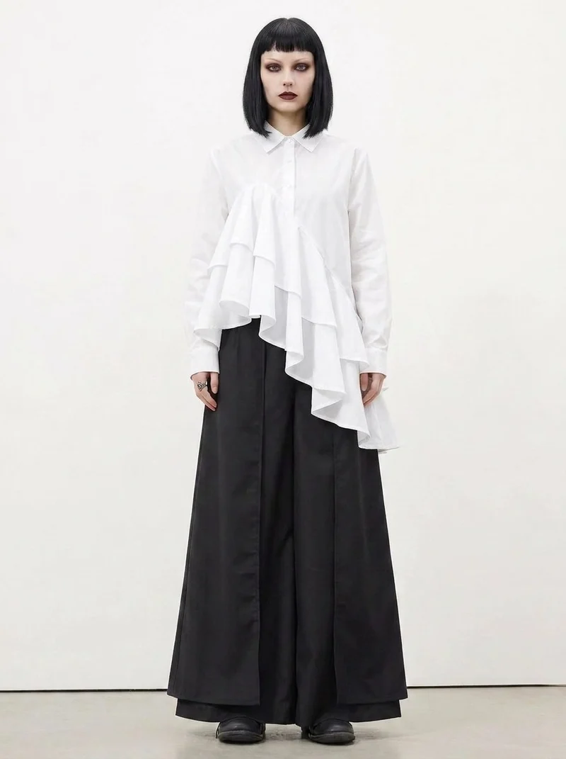 White Asymmetric Ruffle Shirt | Avant-Garde Oversized Blouse