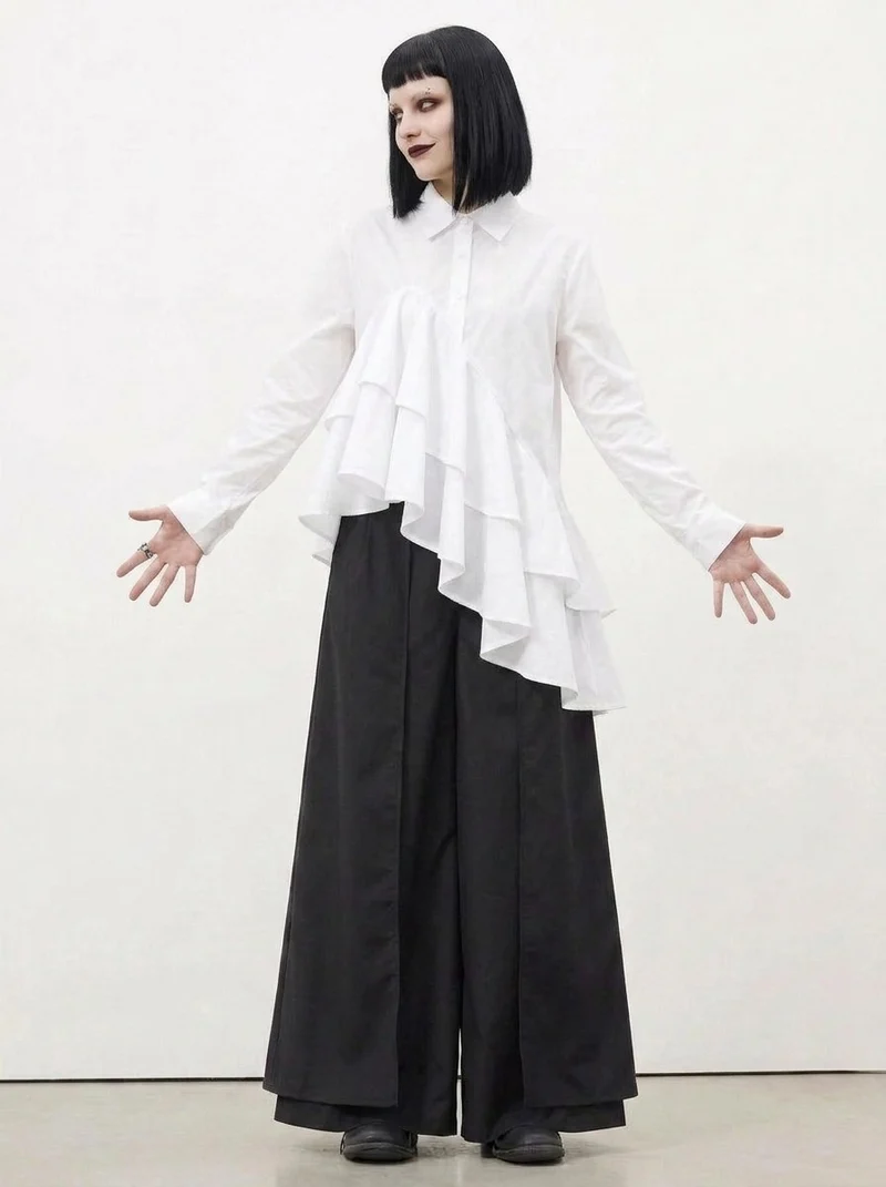 White Asymmetric Ruffle Shirt | Avant-Garde Oversized Blouse