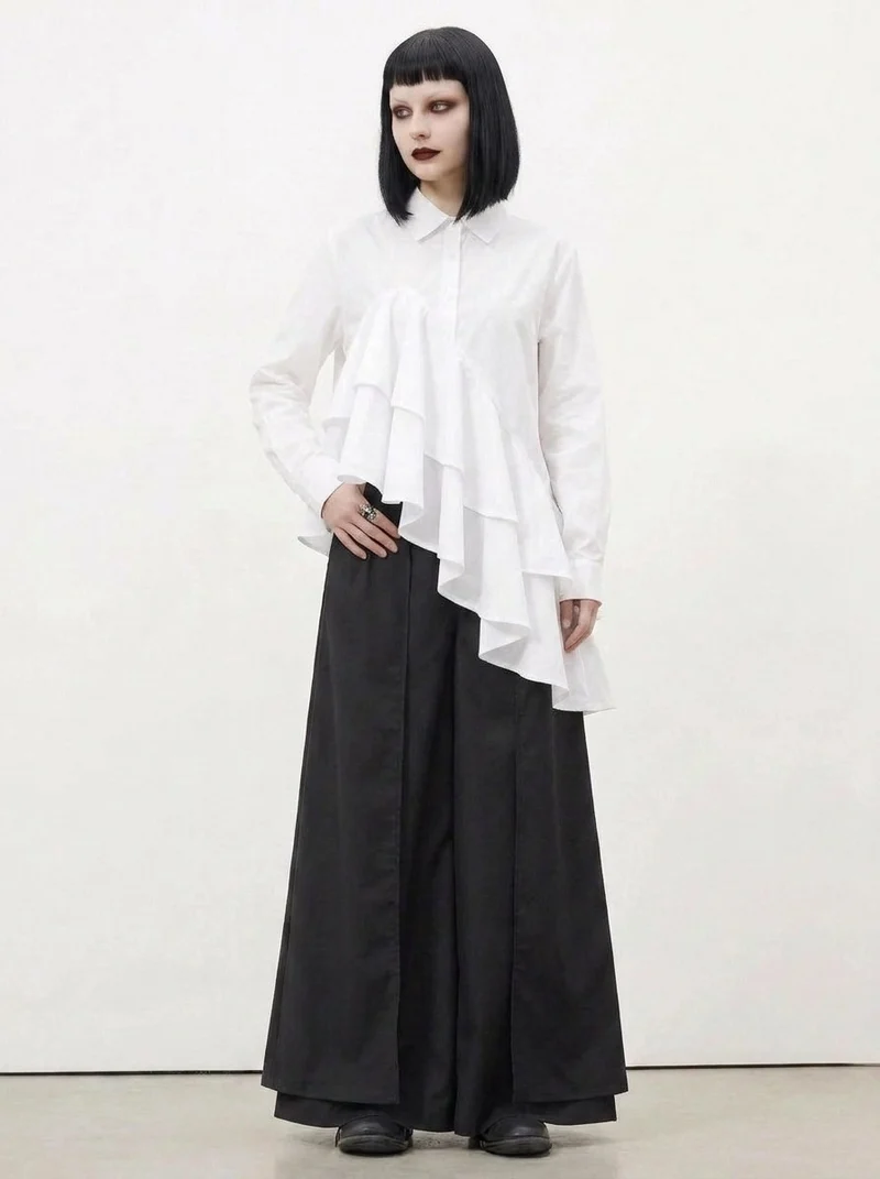 White Asymmetric Ruffle Shirt | Avant-Garde Oversized Blouse