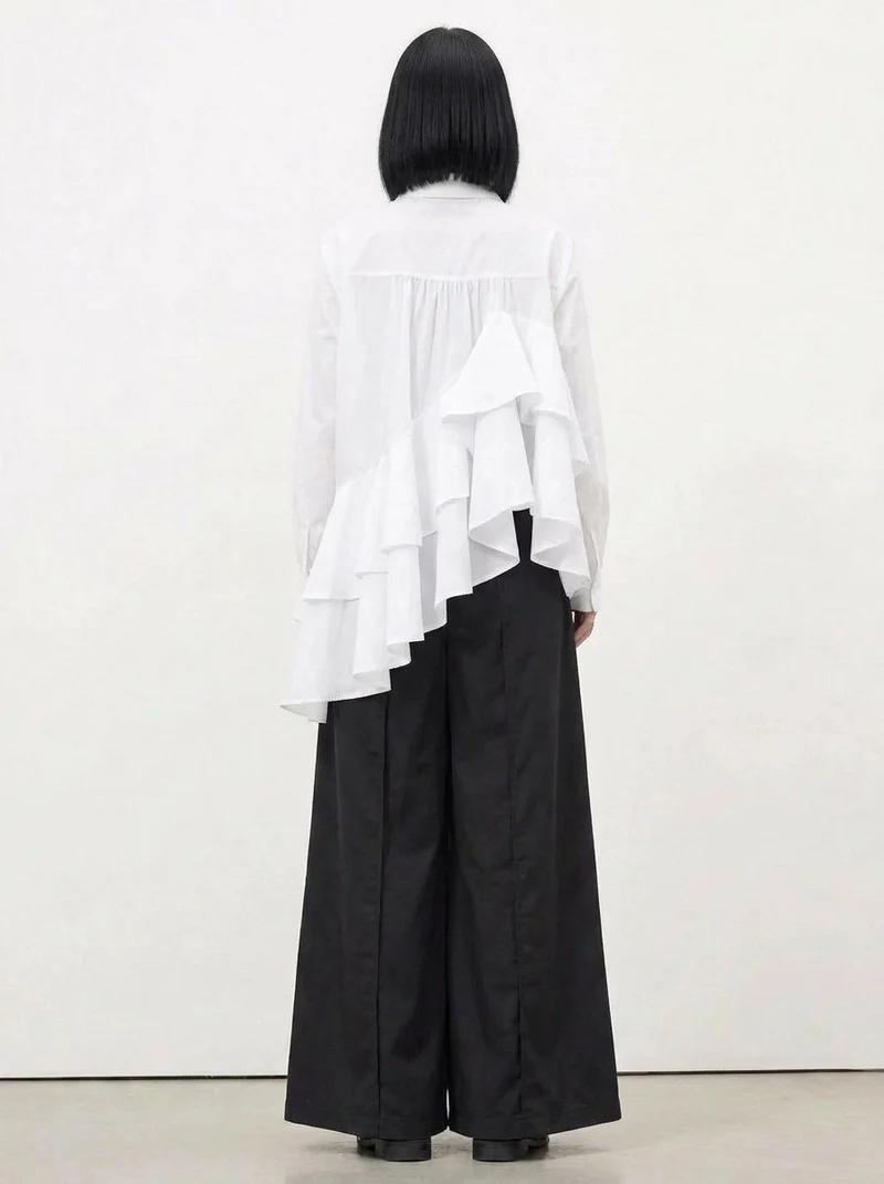 White Asymmetric Ruffle Shirt | Avant-Garde Oversized Blouse