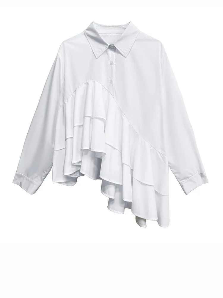 White Asymmetric Ruffle Shirt | Avant-Garde Oversized Blouse