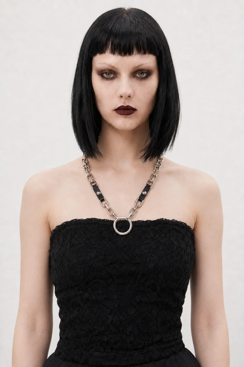 Gothic Chain & Vegan Leather Ring Necklace