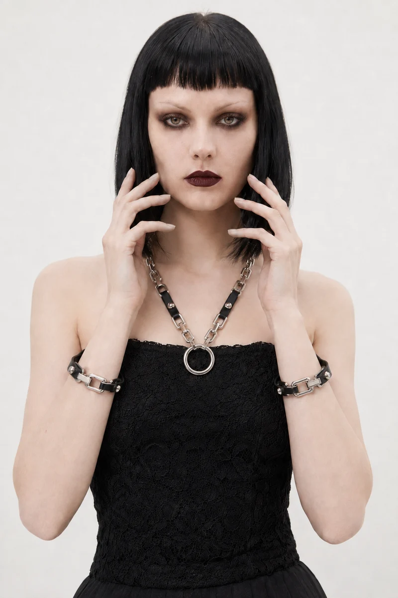 Gothic Chain & Vegan Leather Ring Necklace