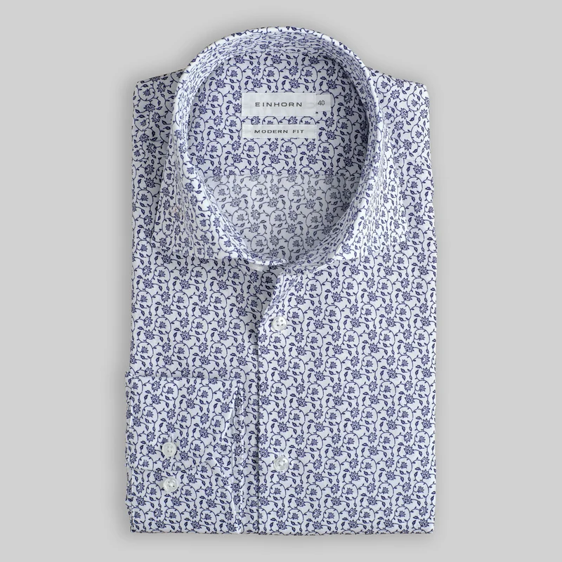 Hemd Modern Fit Blumendruck Blau I Bügelfrei