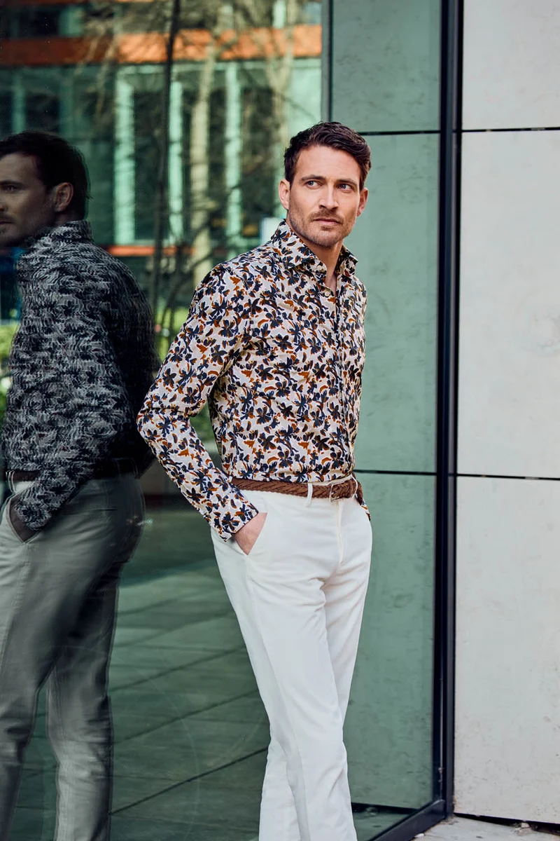 Hemd Modern Fit Gewaschen Floralem Print Navy / Rot