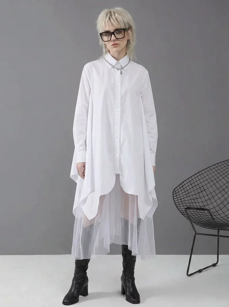 White Asymmetrical Shirt Dress with Tulle Layer