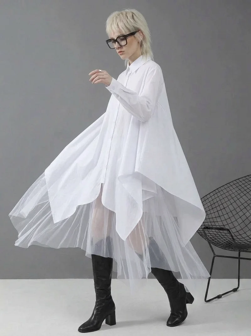 White Asymmetrical Shirt Dress with Tulle Layer