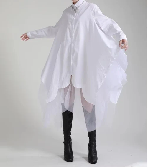 White Asymmetrical Shirt Dress with Tulle Layer
