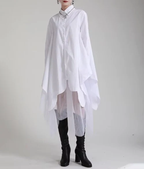White Asymmetrical Shirt Dress with Tulle Layer