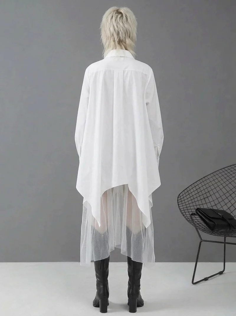 White Asymmetrical Shirt Dress with Tulle Layer