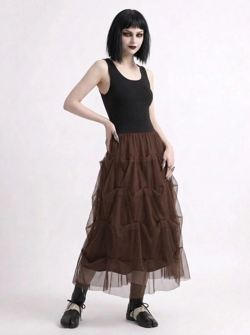 Chocolate Brown Ruched Tulle Maxi Skirt