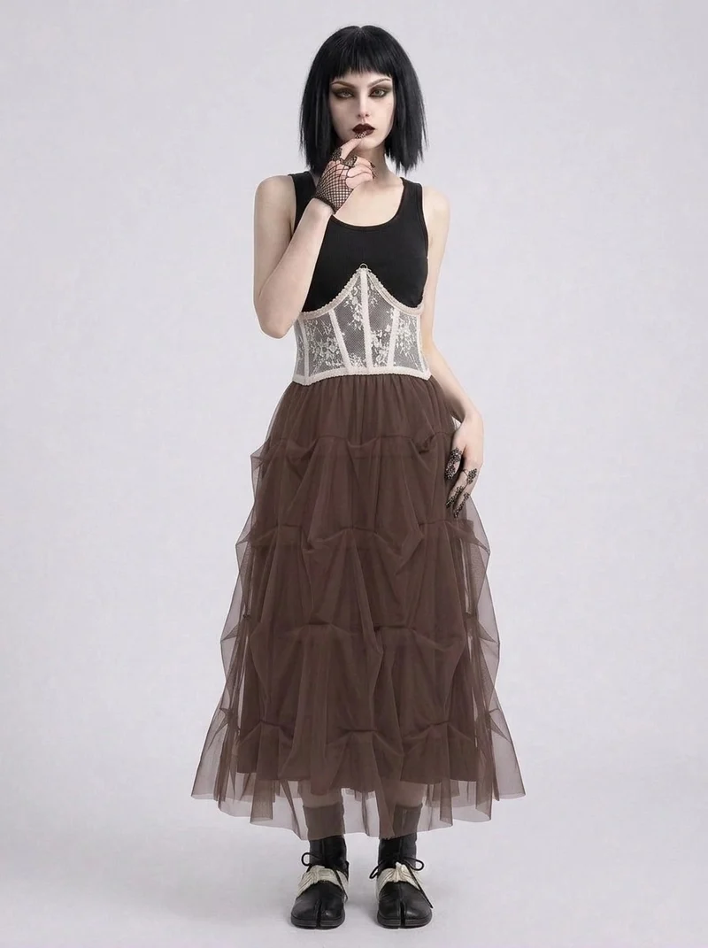 Chocolate Brown Ruched Tulle Maxi Skirt